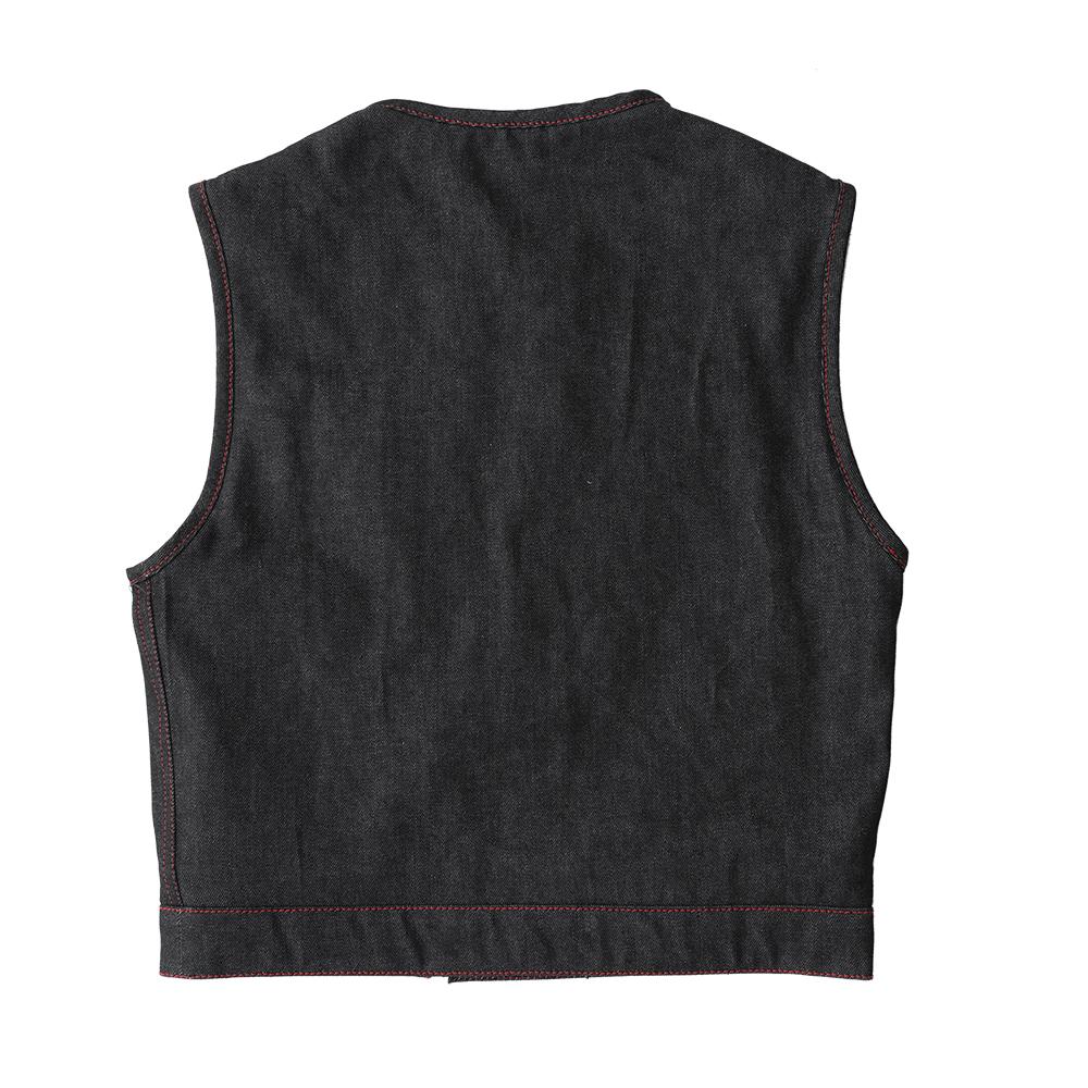 Ember club vest in denim with red background and black paisley inner lining, featuring covered snaps and cropped zipper.
