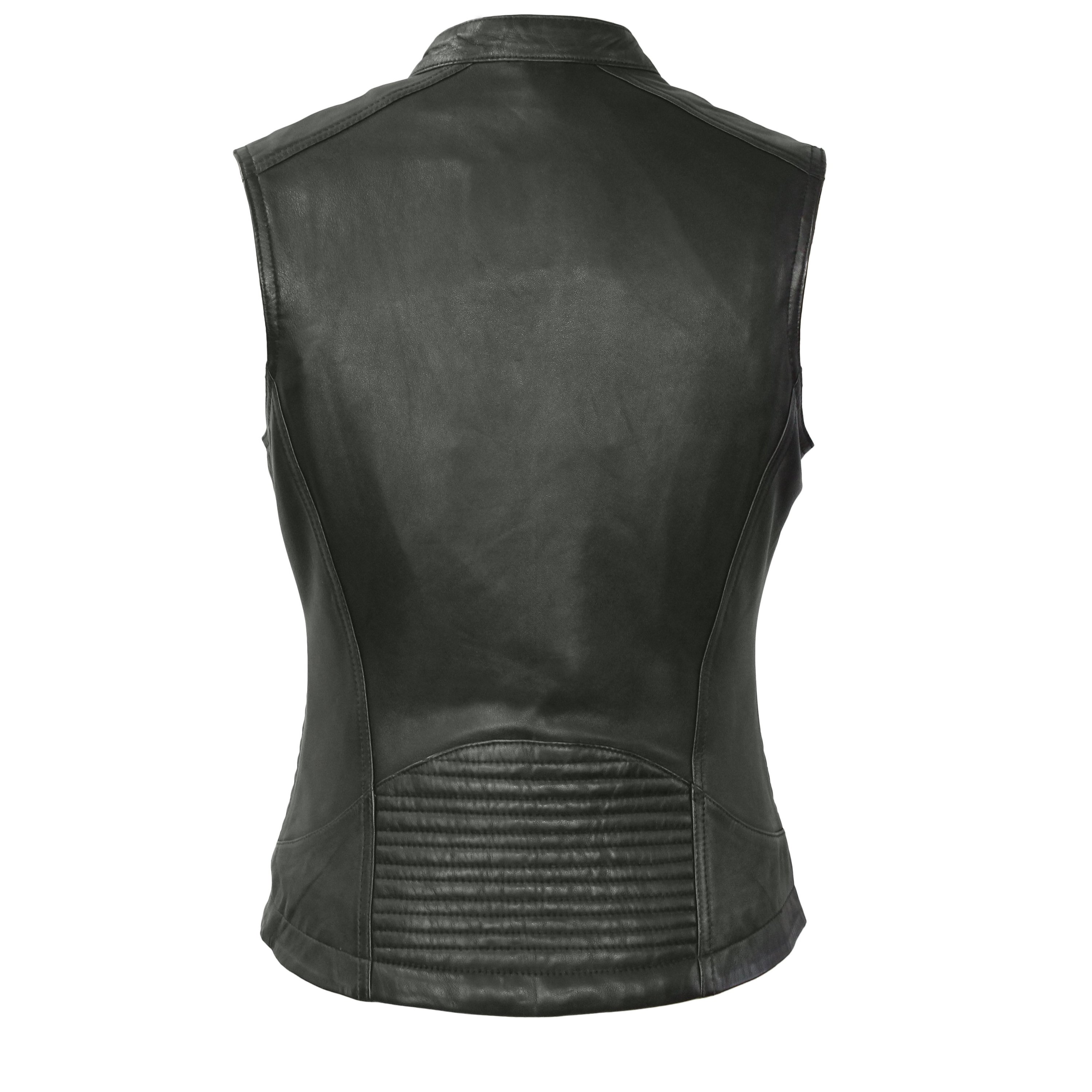 Envy Women's Motorcycle Leather Vest made from diamond sheepskin, featuring a mandarin collar, zip closure, and multiple pockets for storage.