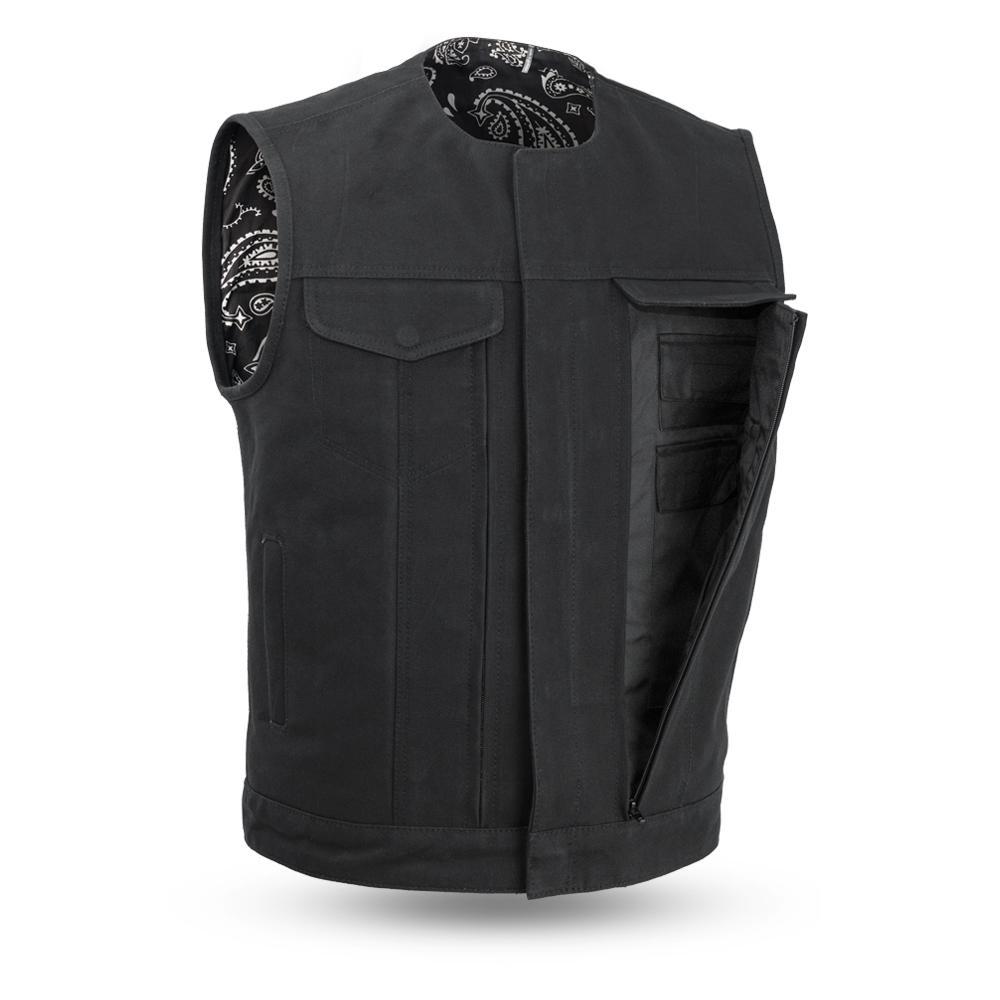 Fairfax V2 Men's Motorcycle Canvas Vest featuring a cropped zipper, multiple pockets, and a stylish black bandanna liner.