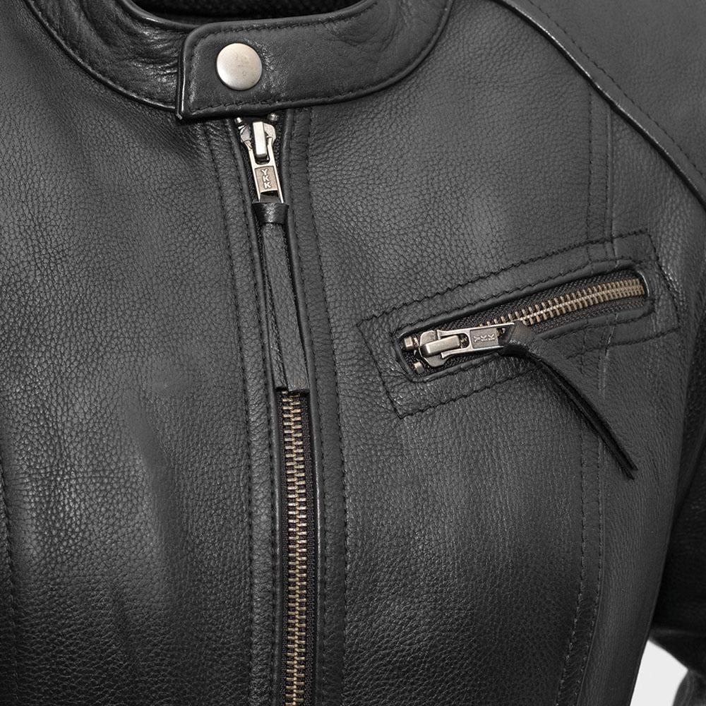 Fashionista Women's Motorcycle Leather Jacket made from premium cowhide, featuring a stylish scooter design with zippered pockets and insulated liner.