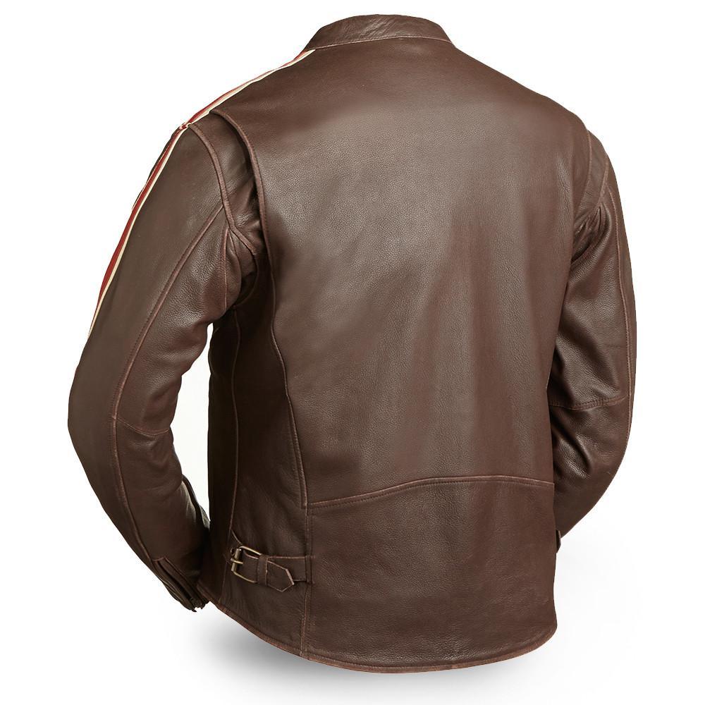 Fast Pace Men's Motorcycle Leather Jacket featuring beige and red racing stripes, mandarin collar, and zippered pockets.