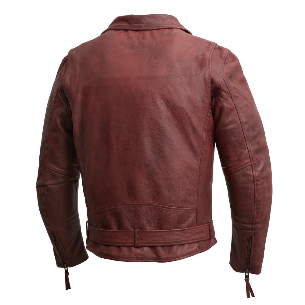 Fillmore Men's Leather Motorcycle Jacket in Oxblood color, showcasing its stylish design and premium cowhide material.