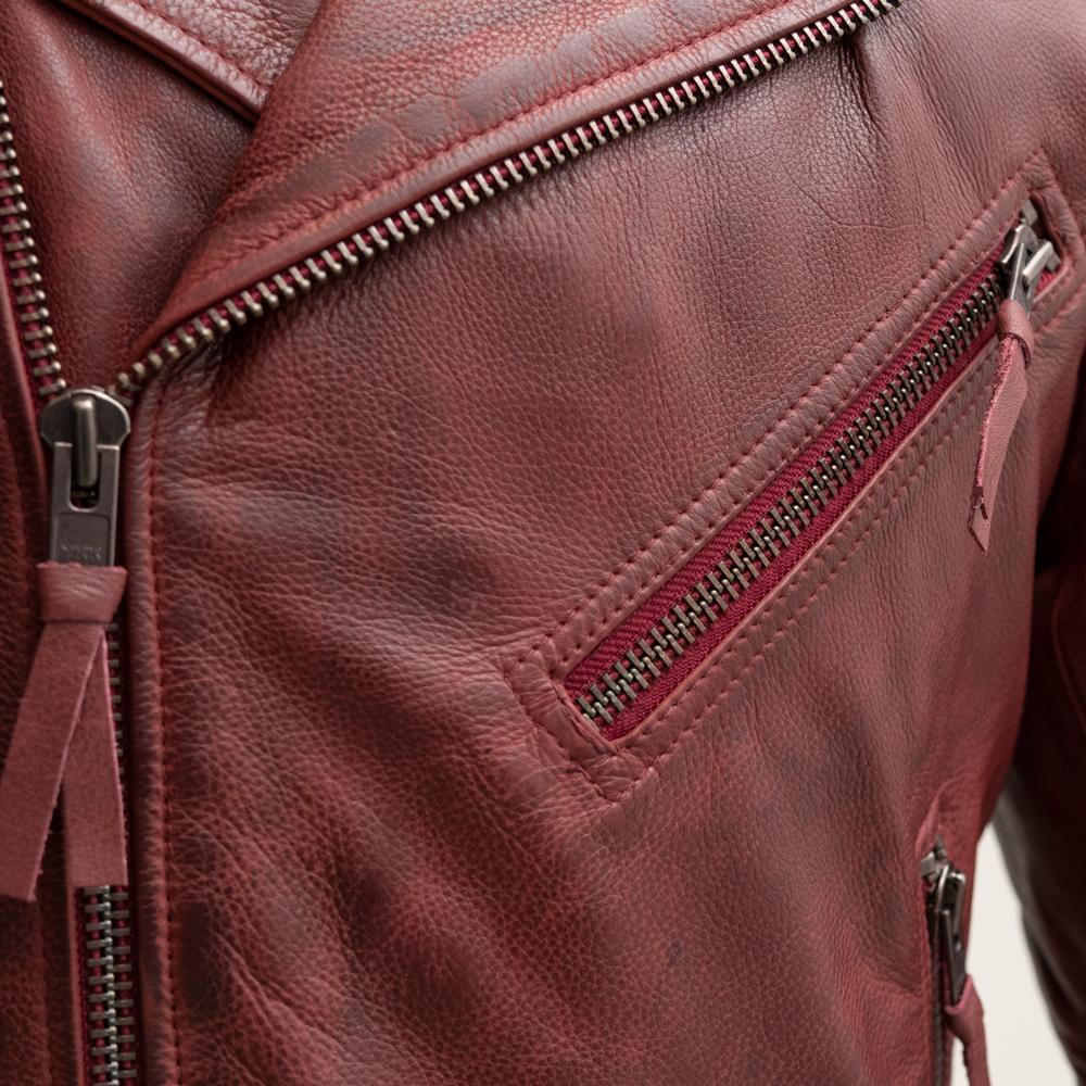 Fillmore Men's Leather Motorcycle Jacket in Oxblood color, showcasing its stylish design and premium cowhide material.