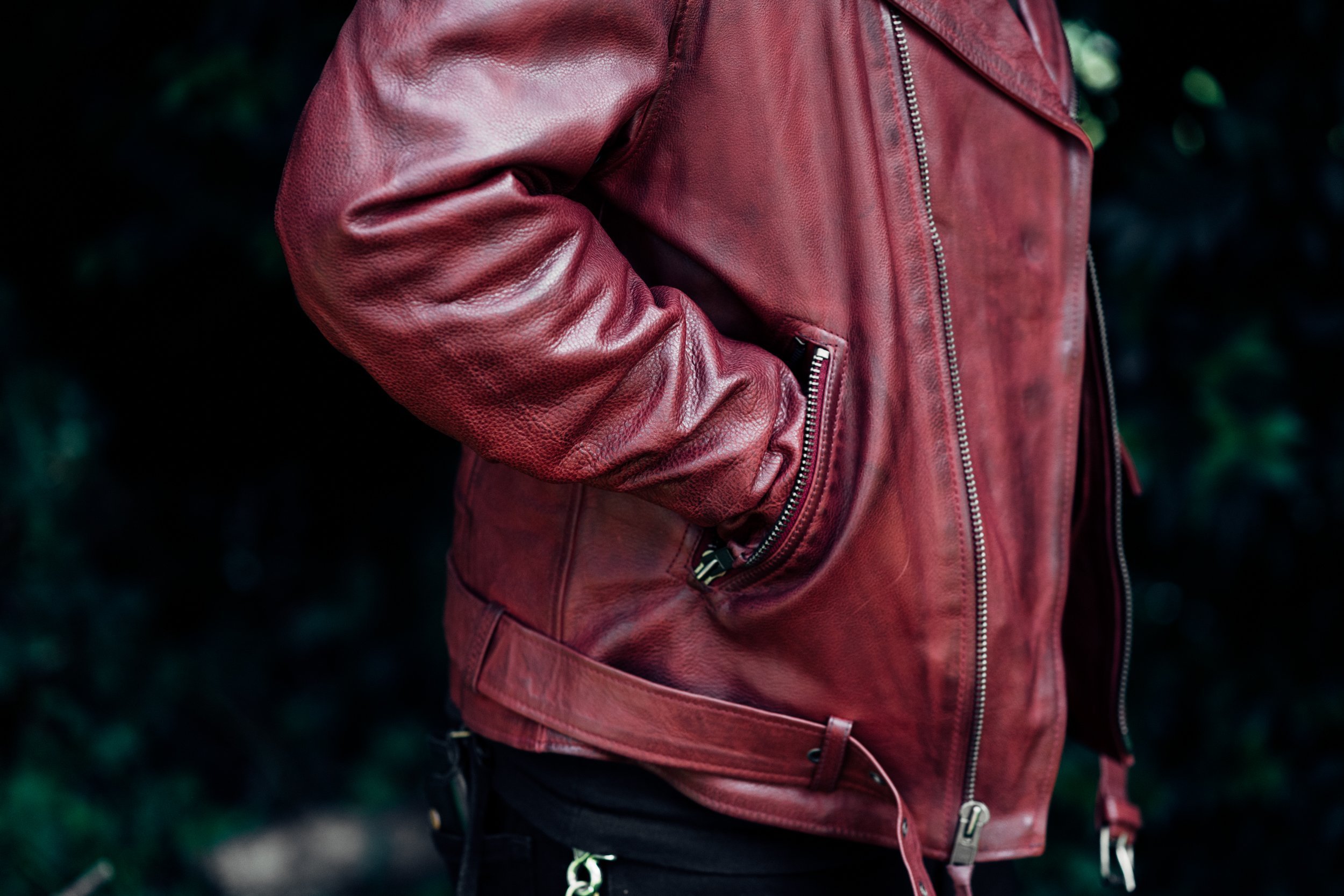 Fillmore Men's Leather Motorcycle Jacket in Oxblood color, showcasing its stylish design and premium cowhide material.