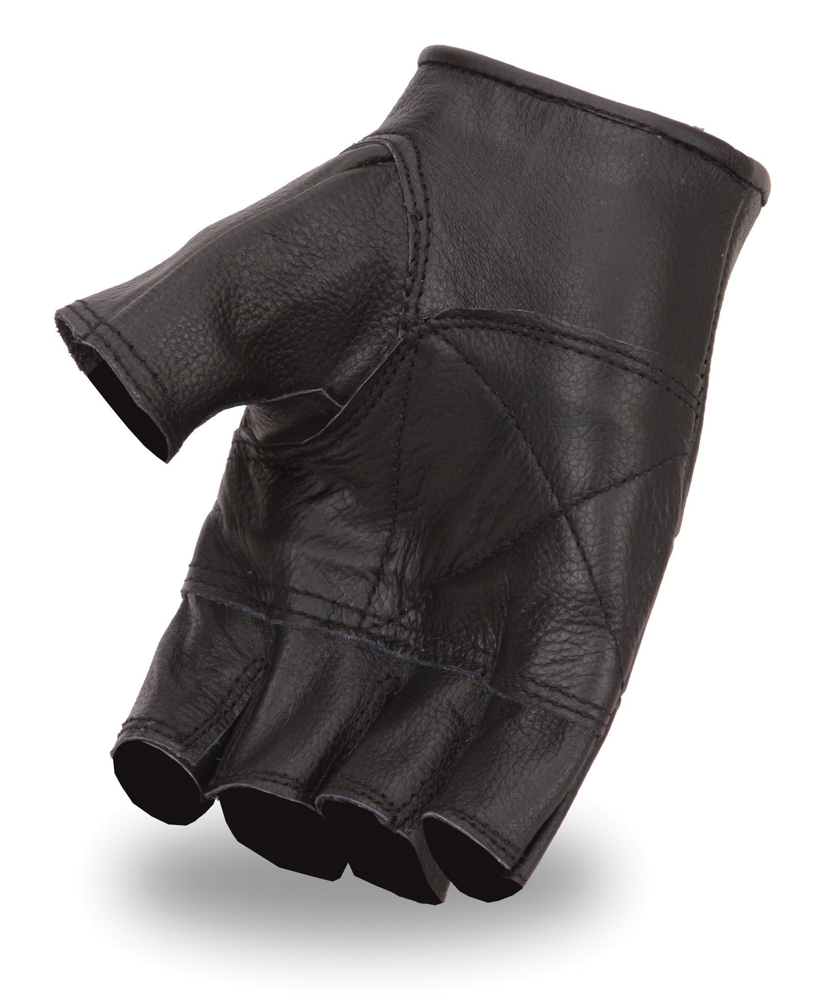 A pair of stylish fingerless gloves made from supple cowhide leather, featuring perforated panels and an adjustable wrist strap.