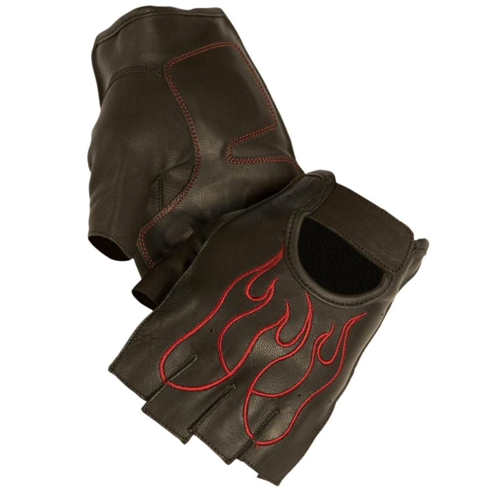 Flame Men's Motorcycle Leather Gloves made of premium Aniline goat leather, featuring a fingerless design and gel padding on the palm.