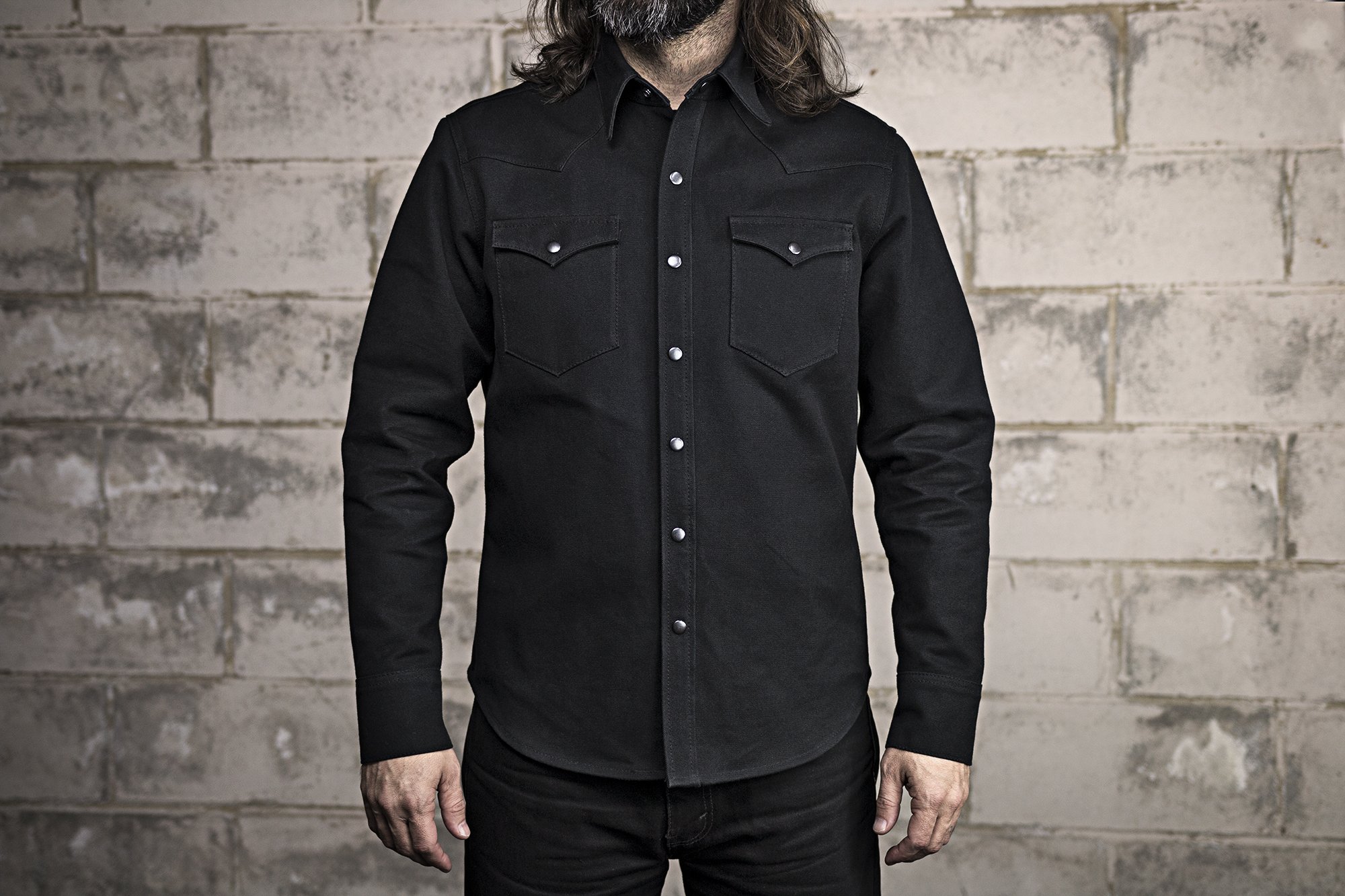 Forsyth Men's Motorcycle 20oz Canvas Shirt featuring a classic collar, button snaps, and western-style back detail.