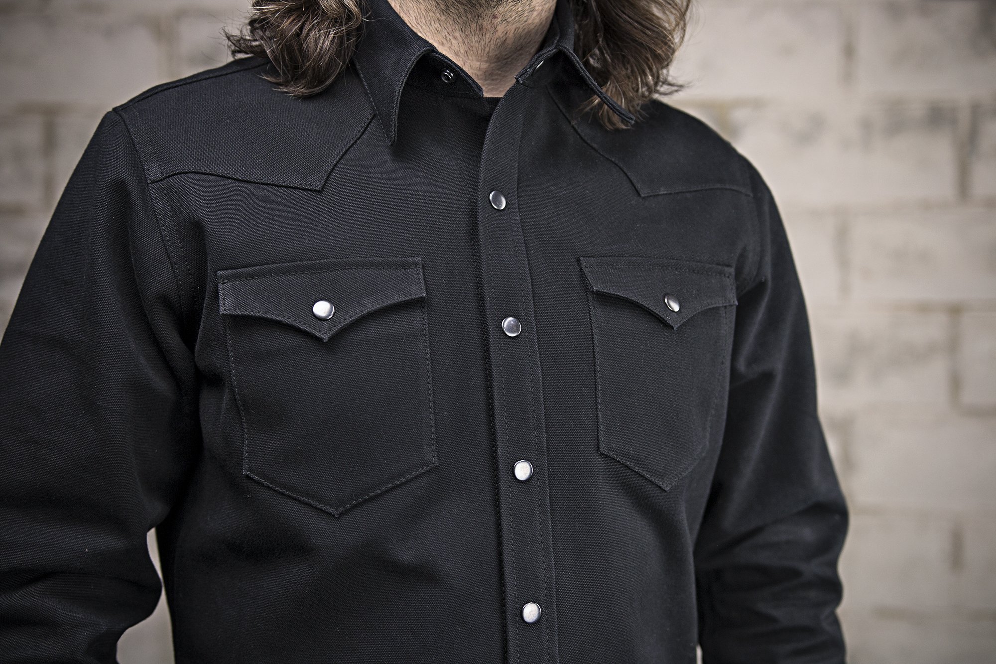 Forsyth Men's Motorcycle 20oz Canvas Shirt featuring a classic collar, button snaps, and western-style back detail.