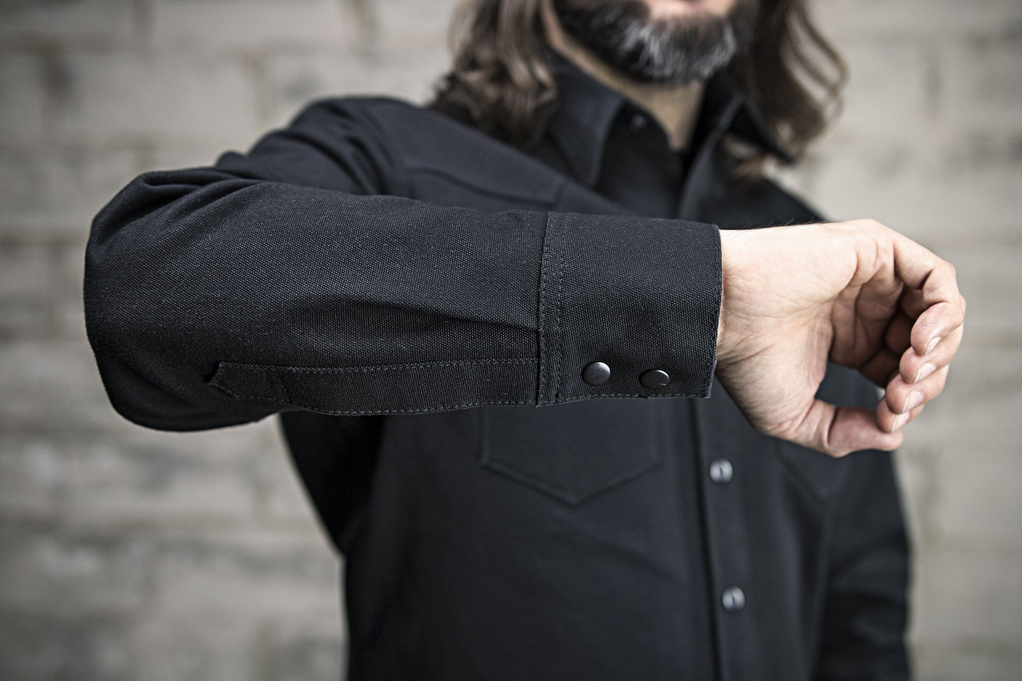 Forsyth Men's Motorcycle 20oz Canvas Shirt featuring a classic collar, button snaps, and western-style back detail.
