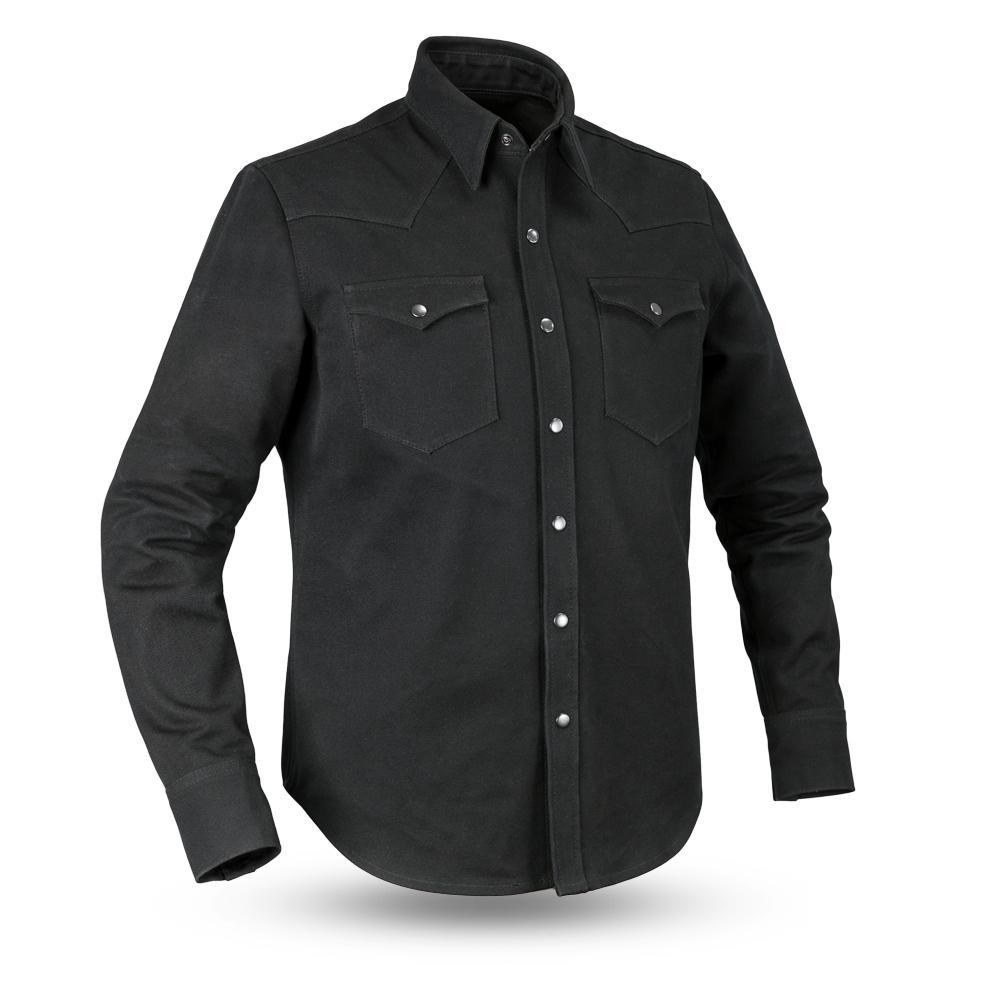 Forsyth Men's Motorcycle 20oz Canvas Shirt featuring a classic collar, button snaps, and western-style back detail.