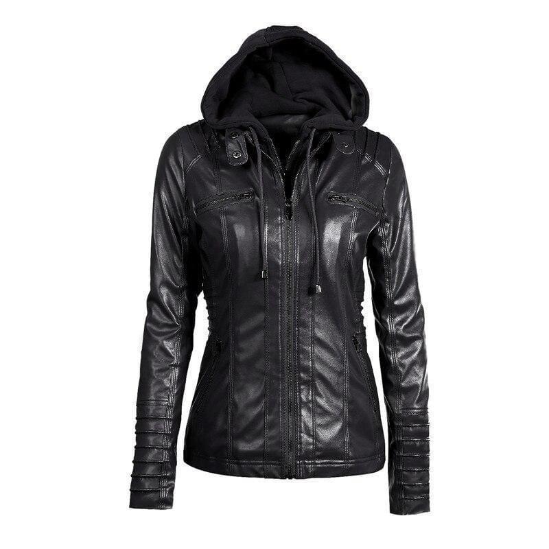 A stylish Gothic faux leather jacket for women featuring a hood, full sleeves, and decorative zippers, perfect for casual wear.
