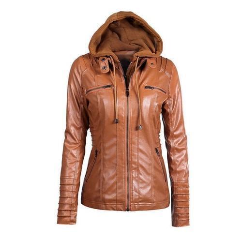 A stylish Gothic faux leather jacket for women featuring a hood, full sleeves, and decorative zippers, perfect for casual wear.