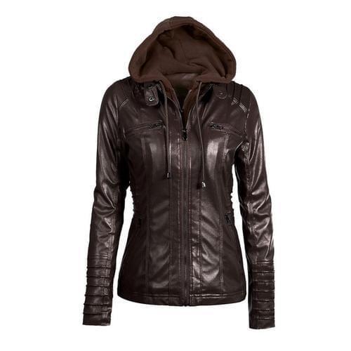 A stylish Gothic faux leather jacket for women featuring a hood, full sleeves, and decorative zippers, perfect for casual wear.