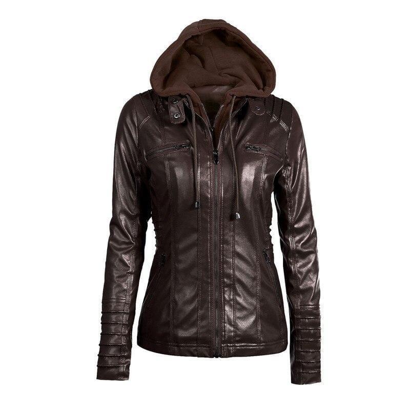 A stylish Gothic faux leather jacket for women featuring a hood, full sleeves, and decorative zippers, perfect for casual wear.