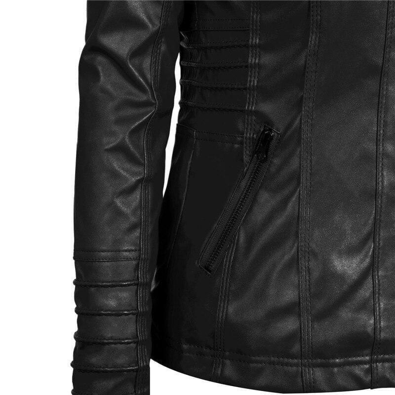 A stylish Gothic faux leather jacket for women featuring a hood, full sleeves, and decorative zippers, perfect for casual wear.