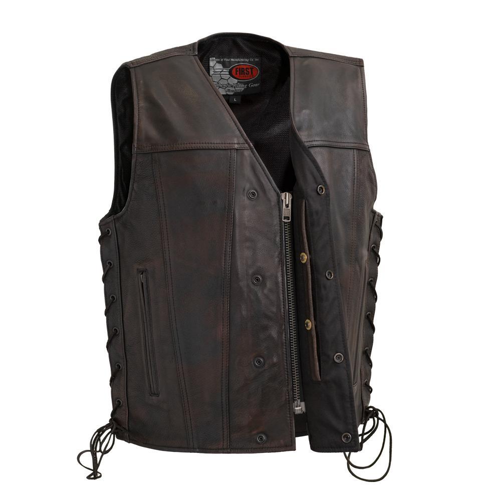 High Roller Men's Leather Motorcycle Vest featuring a v-neck, zippered pockets, and concealed carry pockets, perfect for bikers.