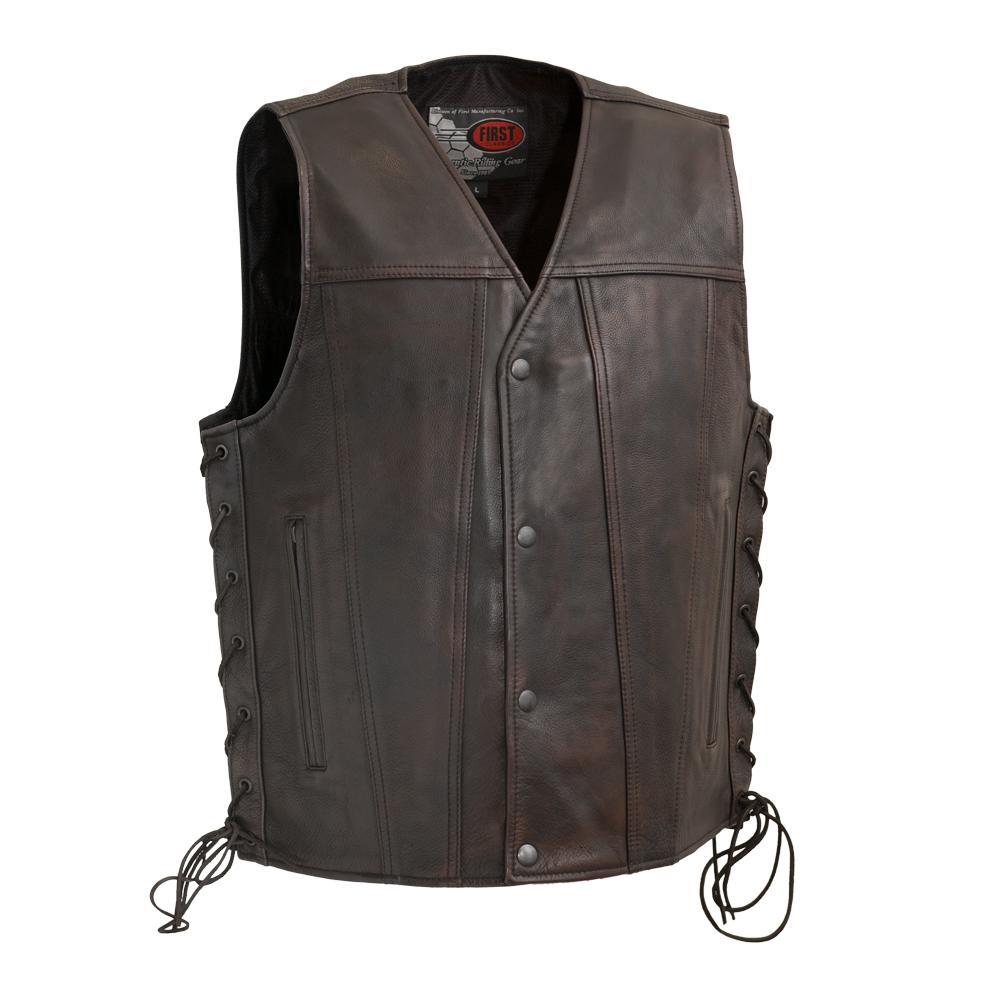 High Roller Men's Leather Motorcycle Vest featuring a v-neck, zippered pockets, and concealed carry pockets, perfect for bikers.