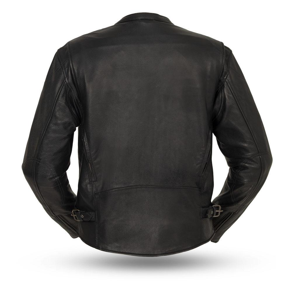 Indy Men's Motorcycle Leather Jacket made from premium cowhide leather, featuring a banded collar and multiple pockets.