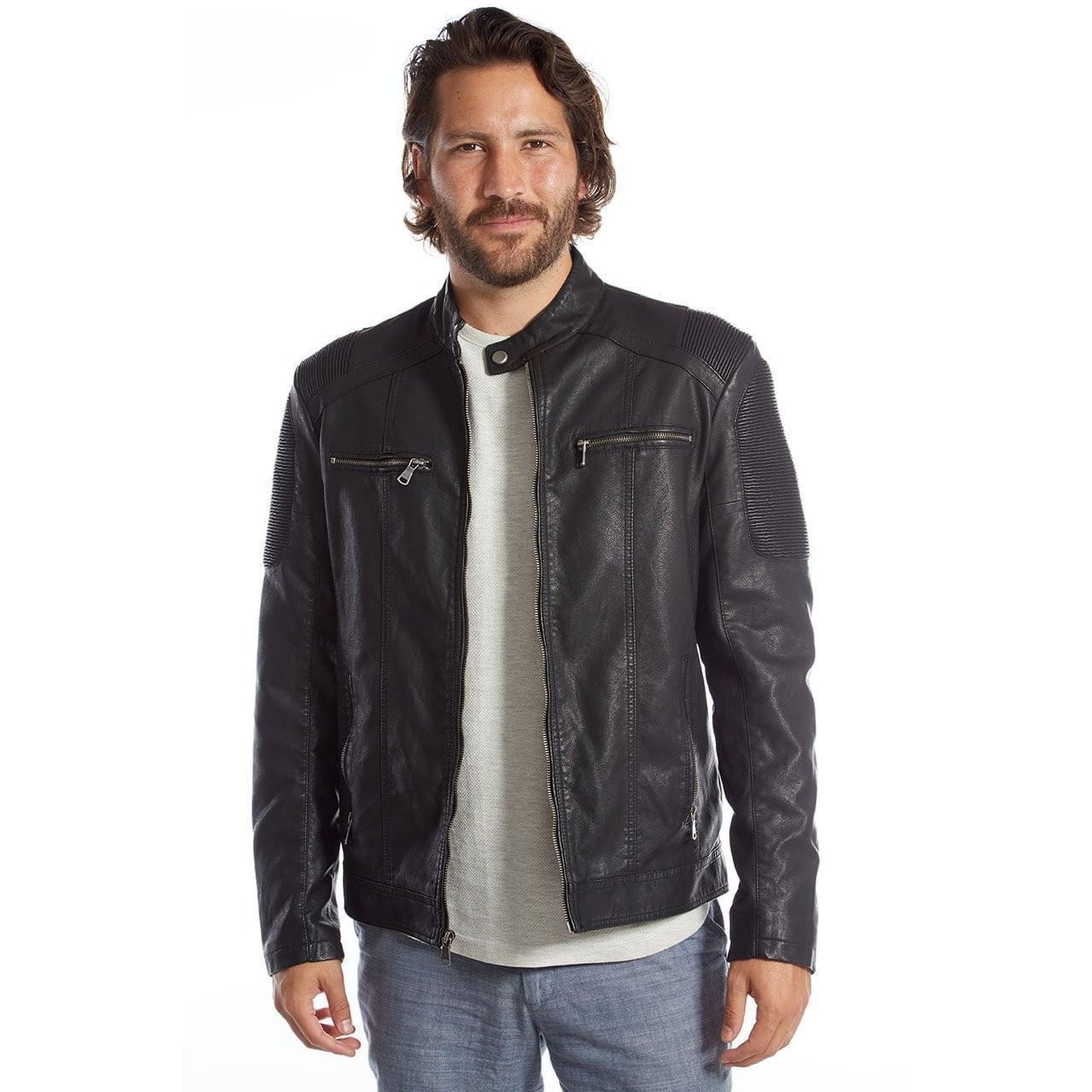 Justin Vegan Leather Jacket featuring unique shoulder stitching and zippered pockets, made from eco-friendly polyurethane.
