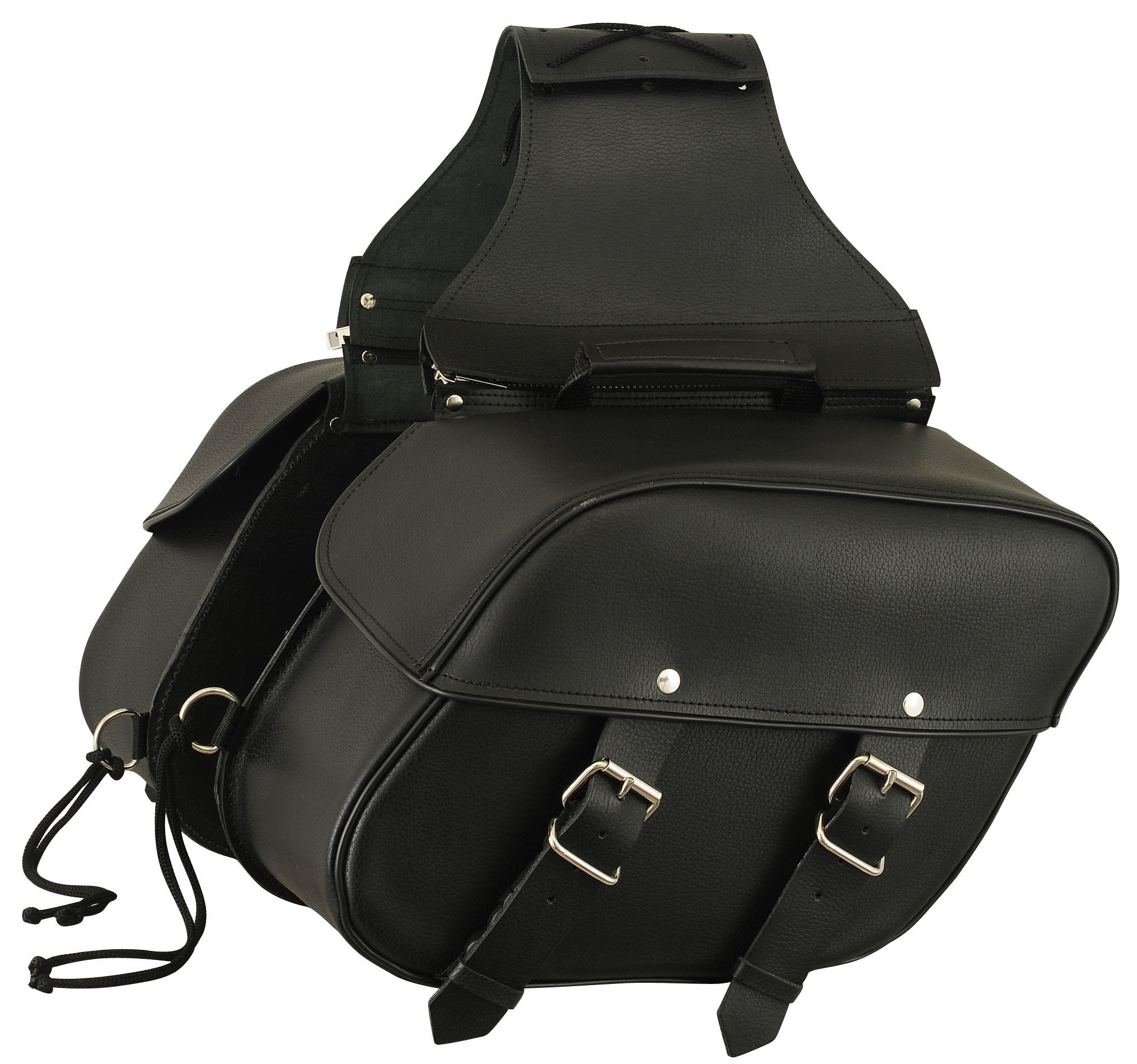 FIBAG8008 Leather Motorcycle Bag showcasing premium leather, adjustable belts, and stainless hardware.