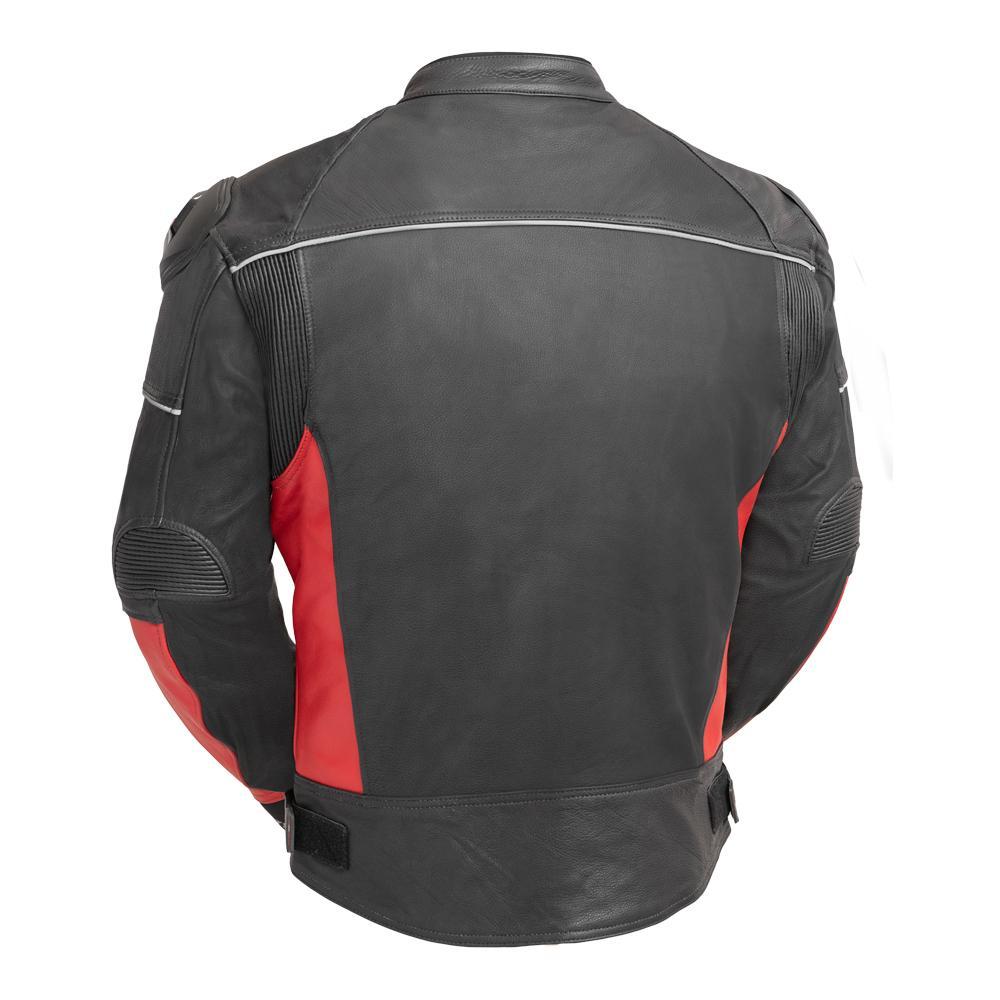 A stylish Leather Racing Jacket made from premium cowhide leather, featuring perforated design and protective elements.