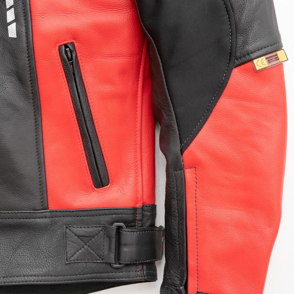 A stylish Leather Racing Jacket made from premium cowhide leather, featuring perforated design and protective elements.