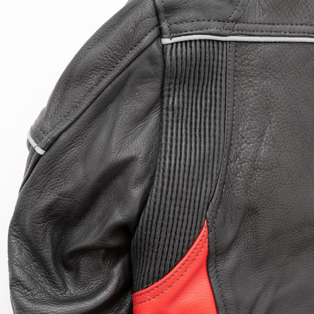 A stylish Leather Racing Jacket made from premium cowhide leather, featuring perforated design and protective elements.