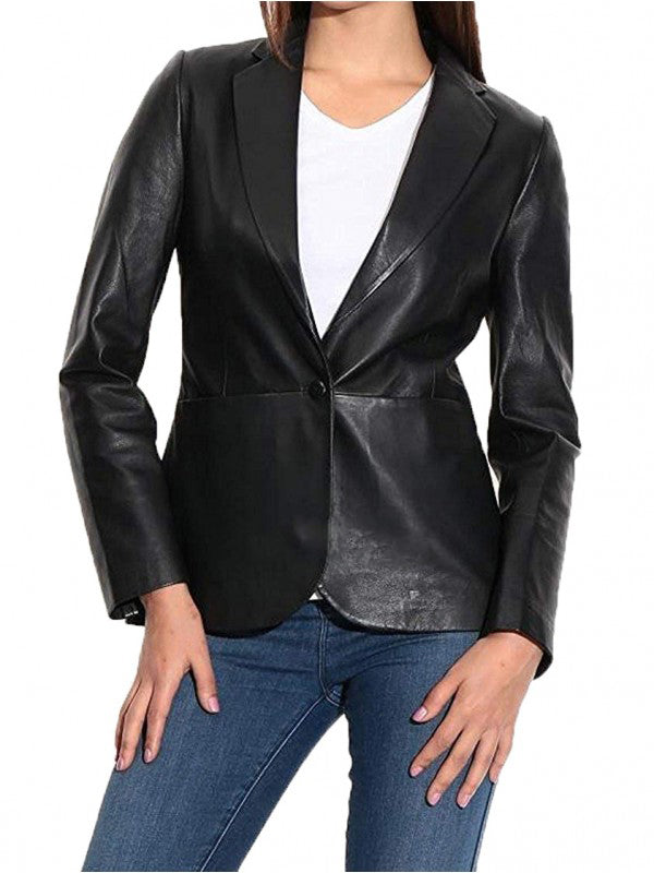 Leathers Women's Real Lambskin Leather Blazer BW108 featuring high-quality leather, satin lining, and stylish design with pockets.