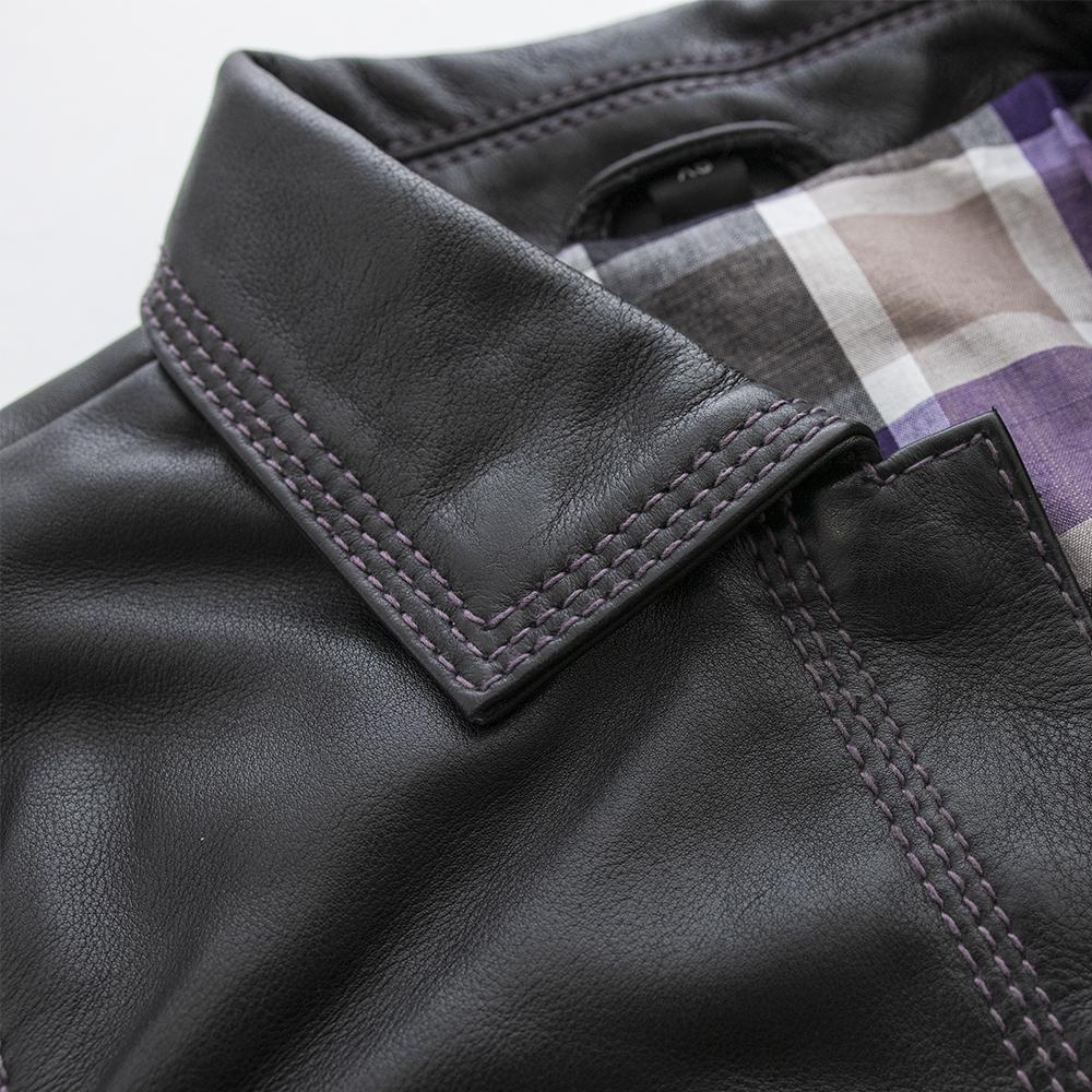 Leela Women's Motorcycle Lightweight Leather Shirt in black, featuring hidden snaps and stylish design, perfect for riders.