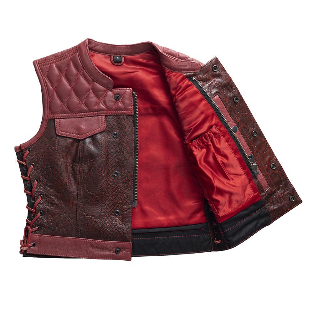 Lilith Women's Club Style Motorcycle Vest in red leather with snake embossed design and concealed carry pockets.