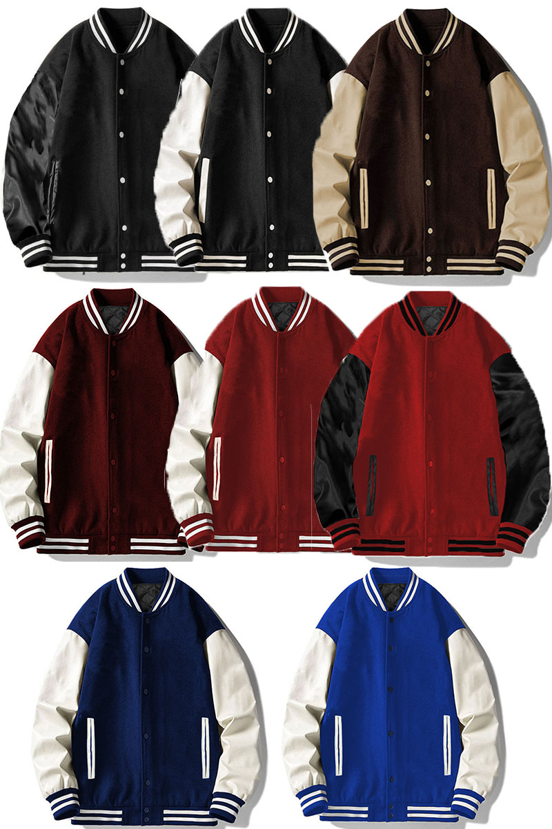 Melton Letterman Jacket featuring polyester blend fabric, PU sleeves, and snap button closure, designed for a stylish and comfortable fit.