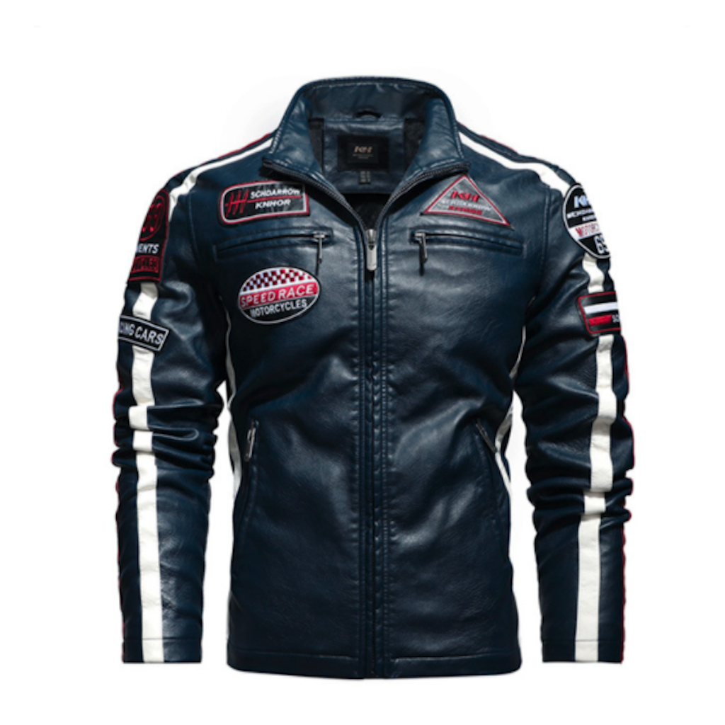Mens Biker Vegan Leather Jacket featuring badges, faux fur lining, available in Navy, Black, and Red.