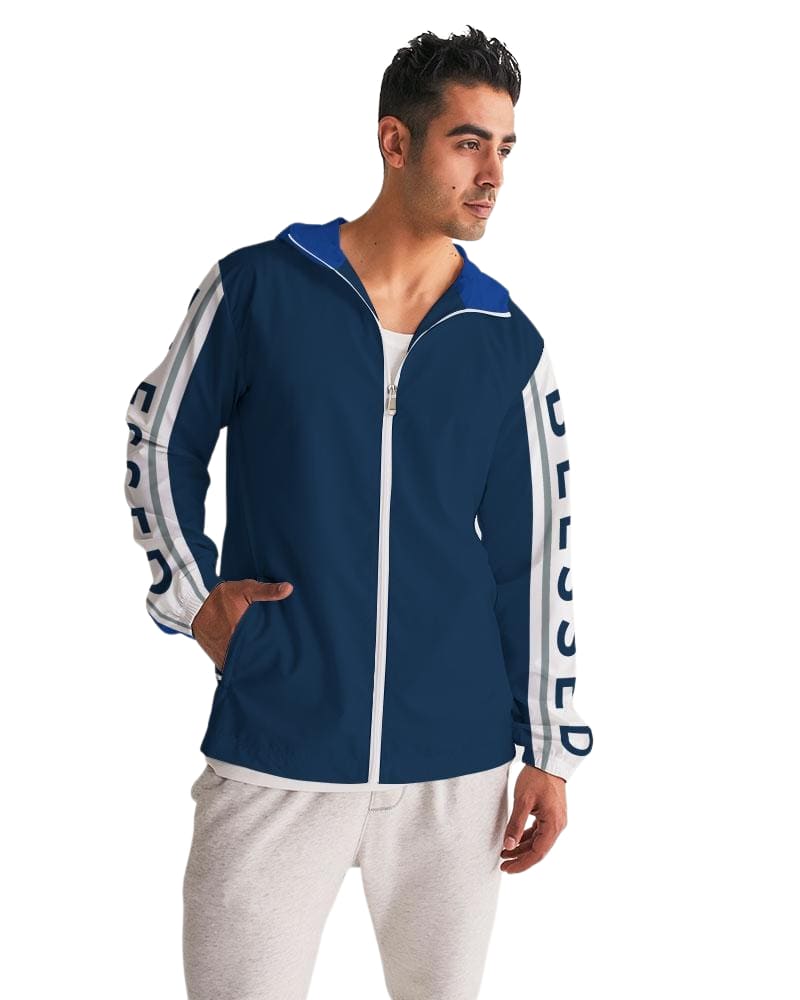 Men's Hooded Windbreaker in Blue with Blessed Sleeve Stripe design, showcasing its lightweight and water-resistant fabric.