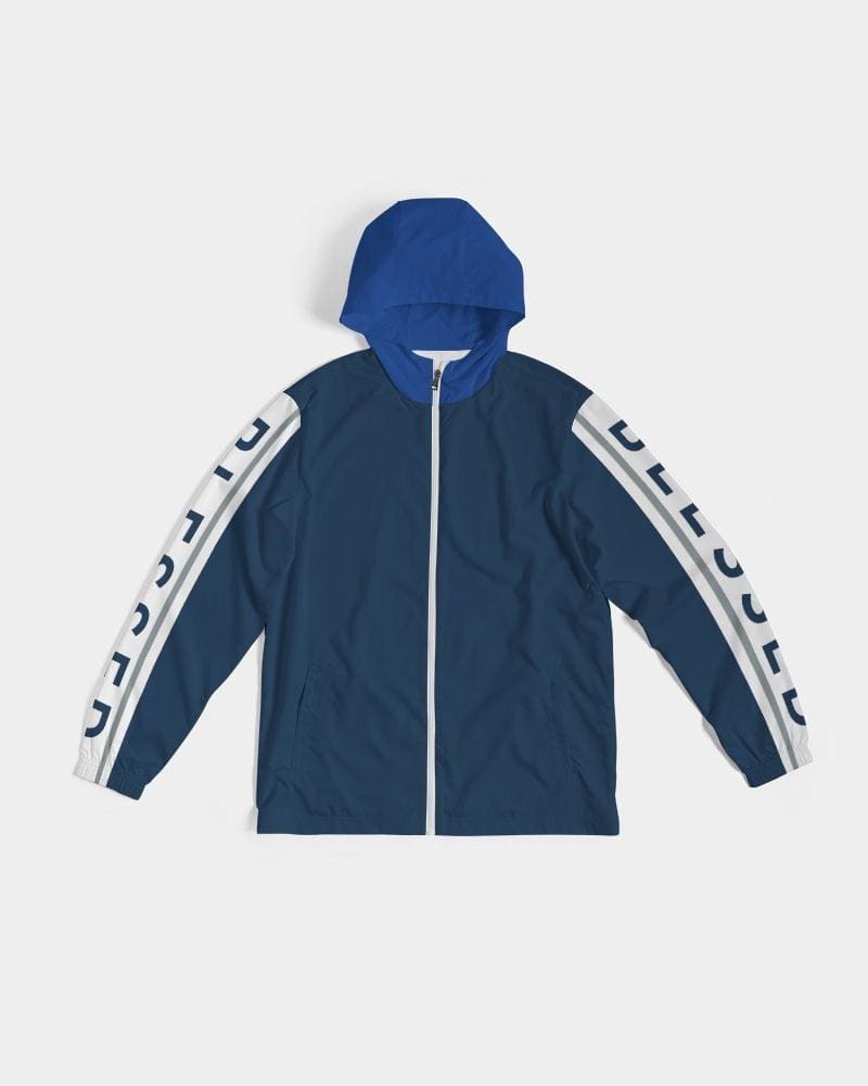Men's Hooded Windbreaker in Blue with Blessed Sleeve Stripe design, showcasing its lightweight and water-resistant fabric.