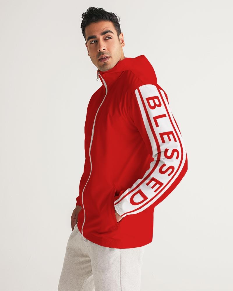 Men's Hooded Windbreaker in bright red with Blessed Sleeve Stripe, showcasing a stylish design and water-resistant fabric.