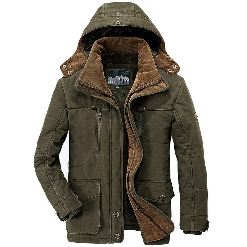 Men's Hooded Winter Parka Coat with Inner Fleece in Navy, Brown, Khaki, and Army Green colors, showcasing its stylish design and warm fleece lining.