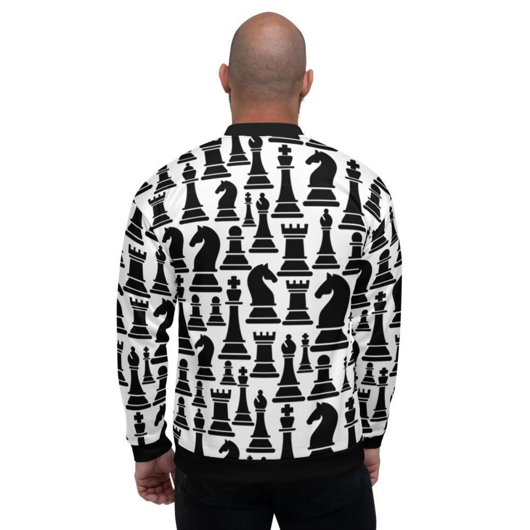 Mens Black and White Chess Style Bomber Jacket featuring brushed fleece lining and two front pockets.