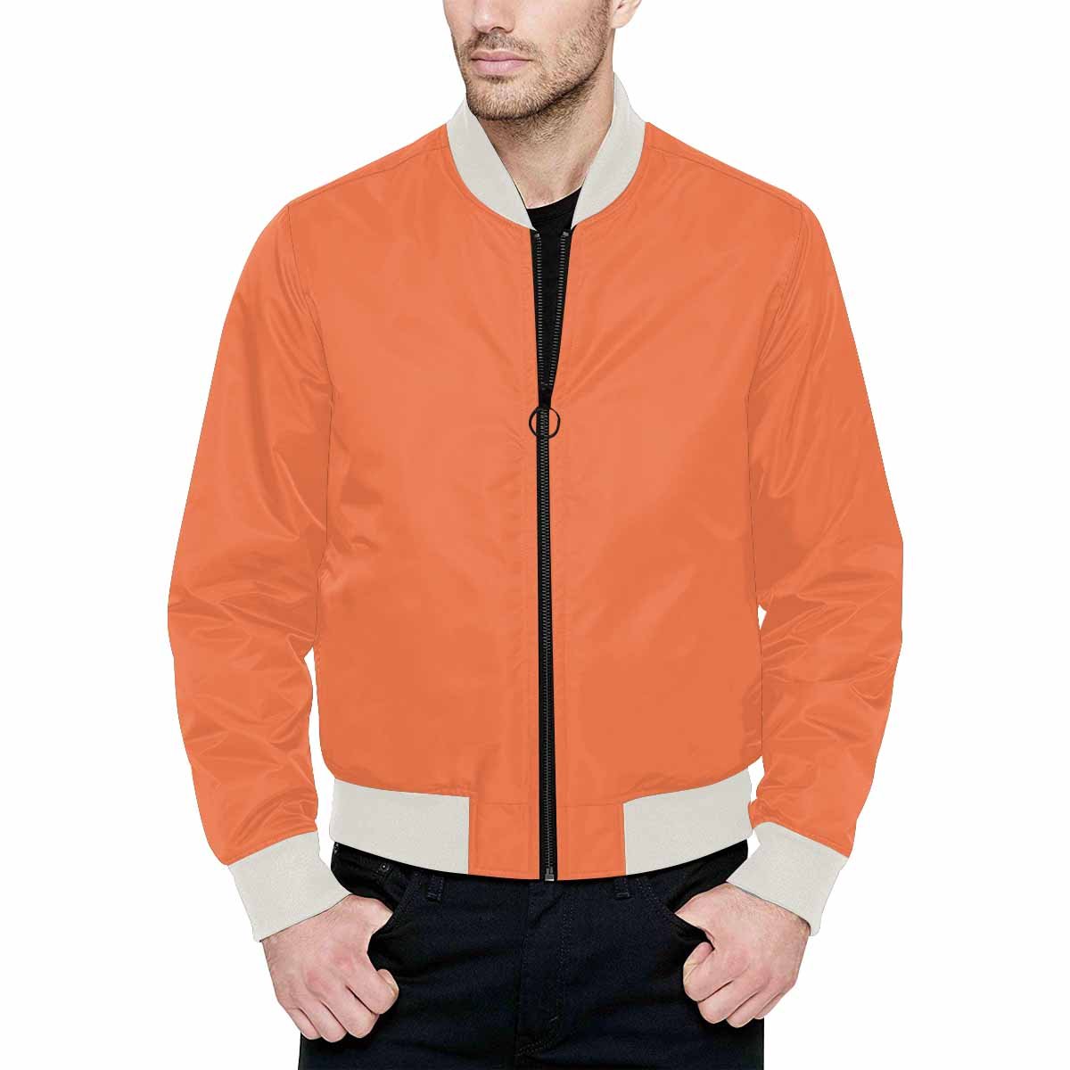 Men's coral red bomber jacket with quilted lining and zipper closure, featuring unique all-over print and pouch pockets.