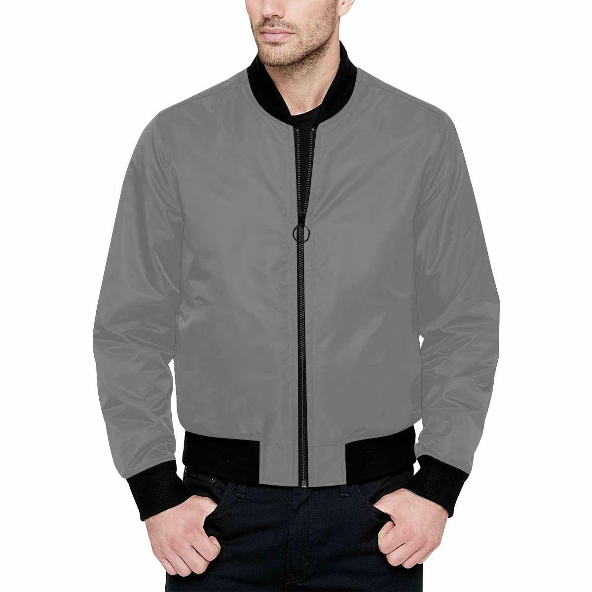 Men's gray and black bomber jacket featuring a quilted lining and stylish all-over print design.