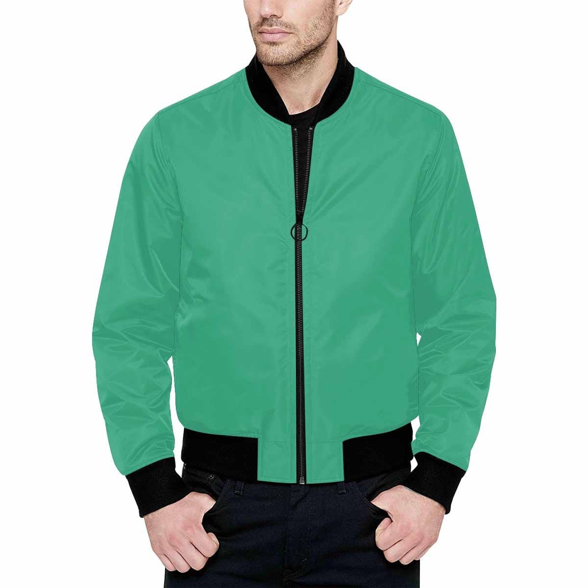 Men's mint green bomber jacket with quilted lining and zipper closure, featuring personalized all-over print and pouch pockets.
