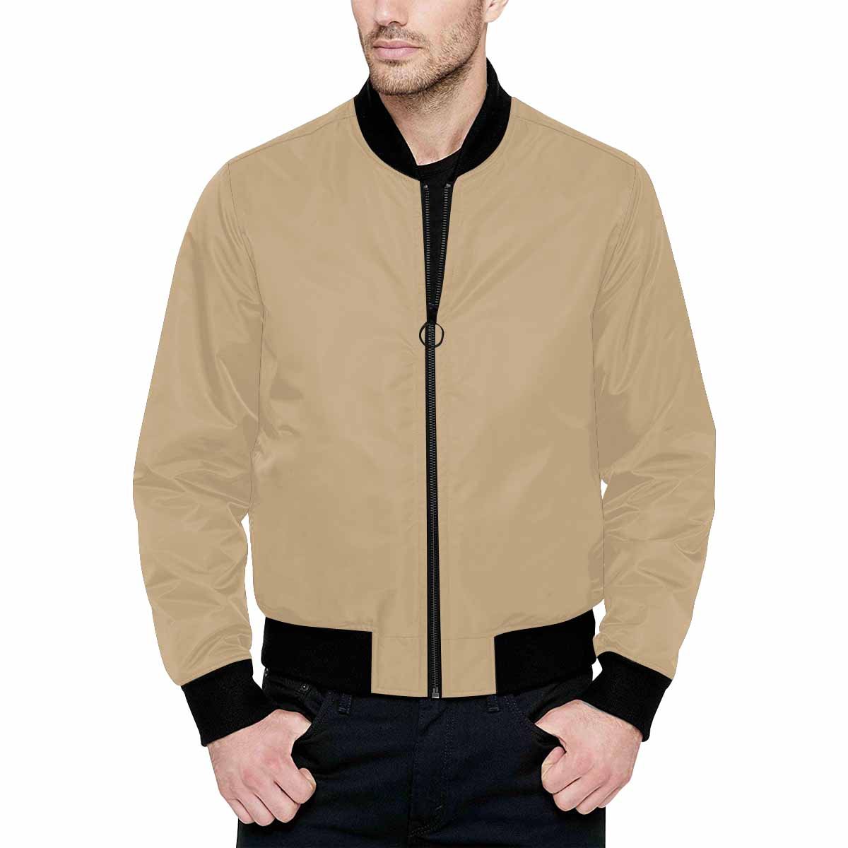 Men's tan brown and black bomber jacket with quilted lining and zipper closure, featuring stylish all-over print and pouch pockets.