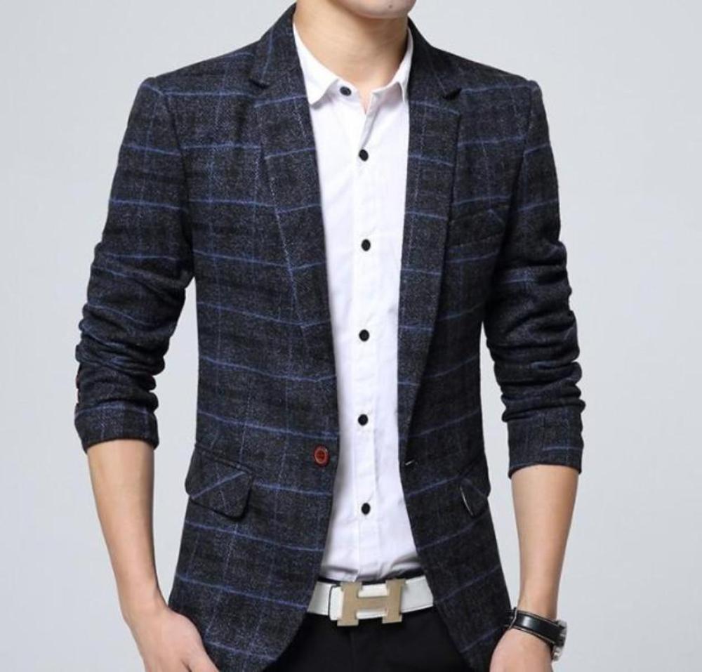 Men's Mix Plaid Blazer in Khaki, Gray, and Navy colors, showcasing stylish plaid design and cotton blend material.