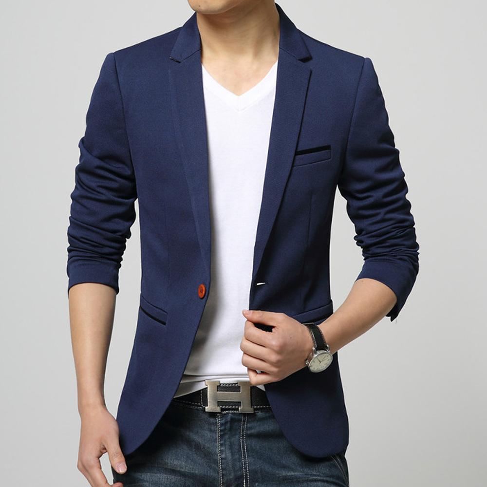 Men's One Button Slim Fit Blazer in navy and black colors, showcasing a stylish design with a comfortable fit.
