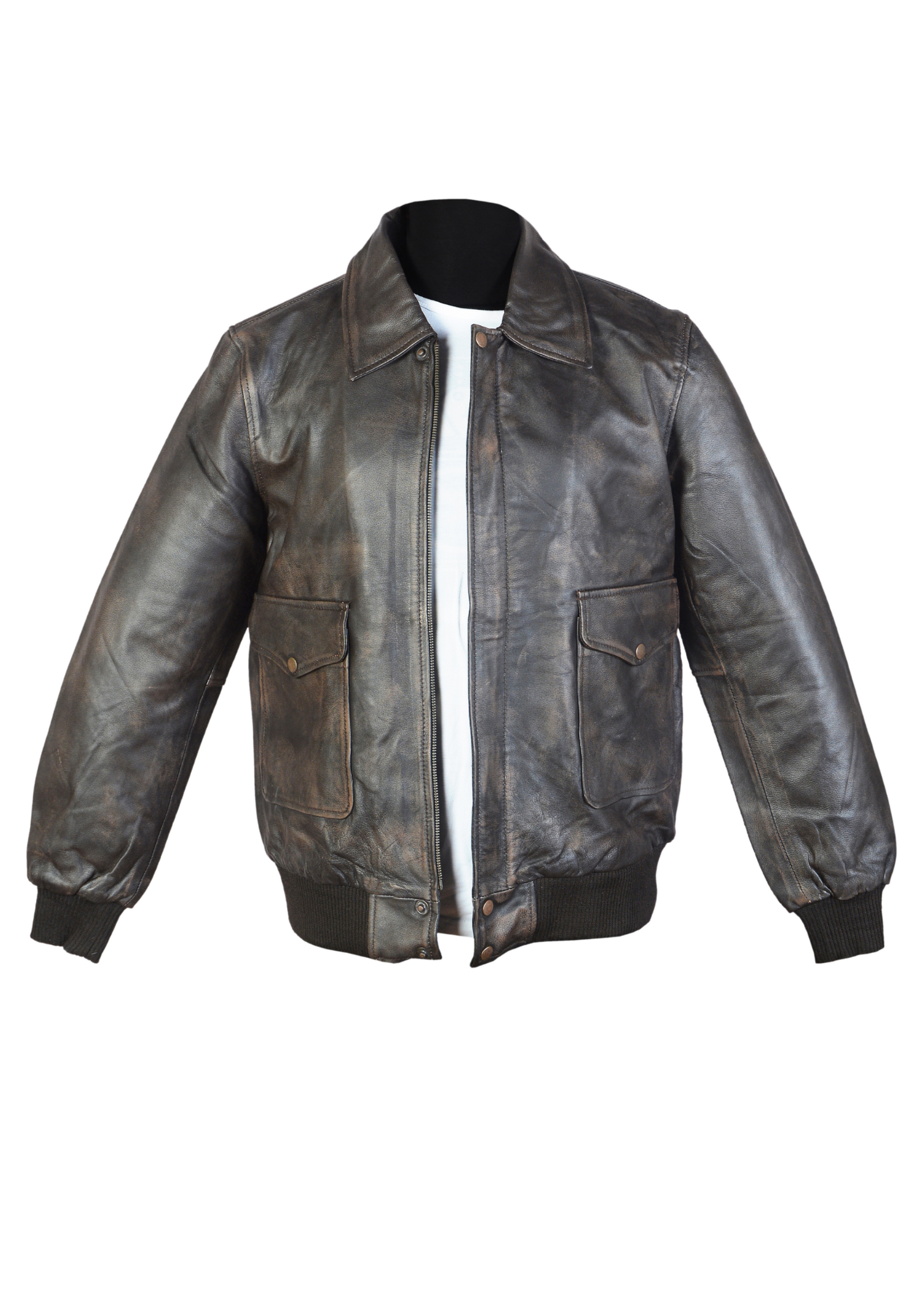 Men's oversized bomber lambskin leather jacket in brown, featuring rib-knit hem, cuffs, and collar, showcasing a sophisticated and stylish design.