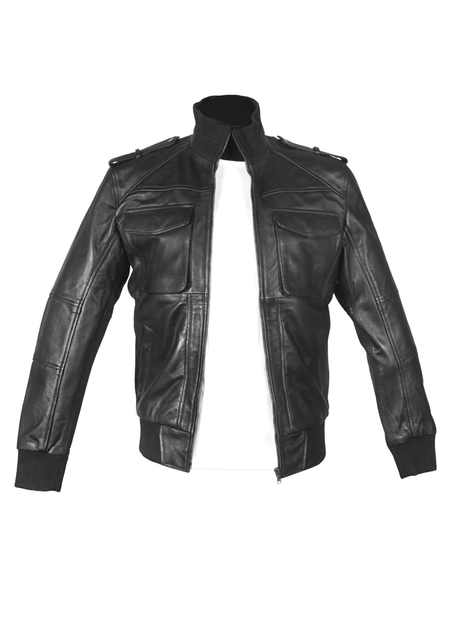 Men's Turtleneck Lambskin Leather Jacket in Black, showcasing its sleek design and luxurious texture.