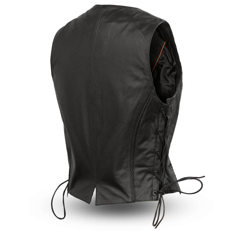 Native Lacy Women's Motorcycle Leather Vest featuring soft milled cowhide, buffalo nickel head snaps, and detailed braiding.