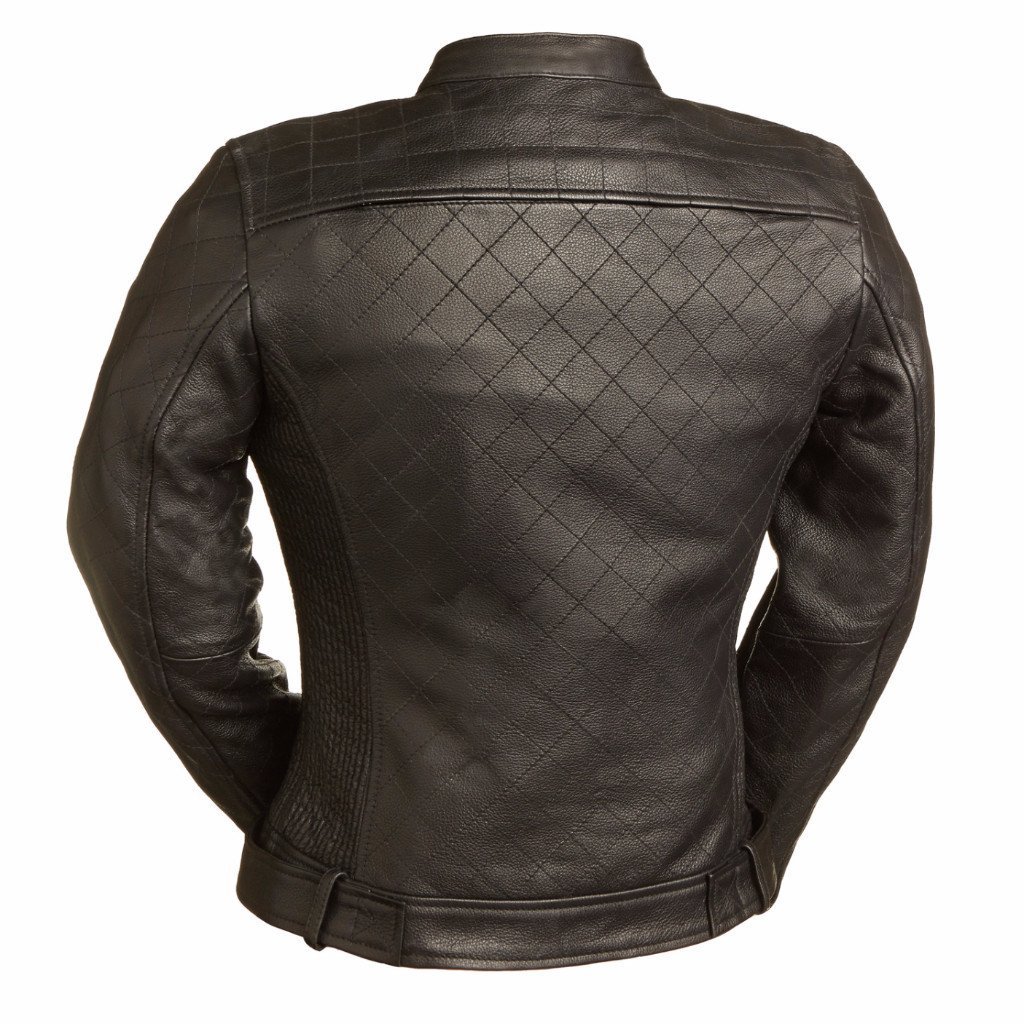 Queen of Diamonds Women's Motorcycle Leather Jacket featuring quilted pattern and zip pockets.