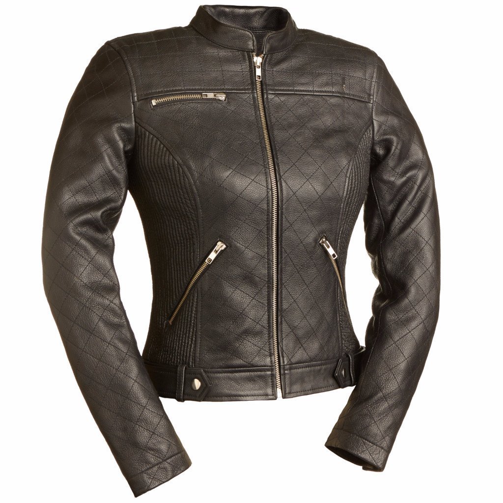 Queen of Diamonds Women's Motorcycle Leather Jacket featuring quilted pattern and zip pockets.