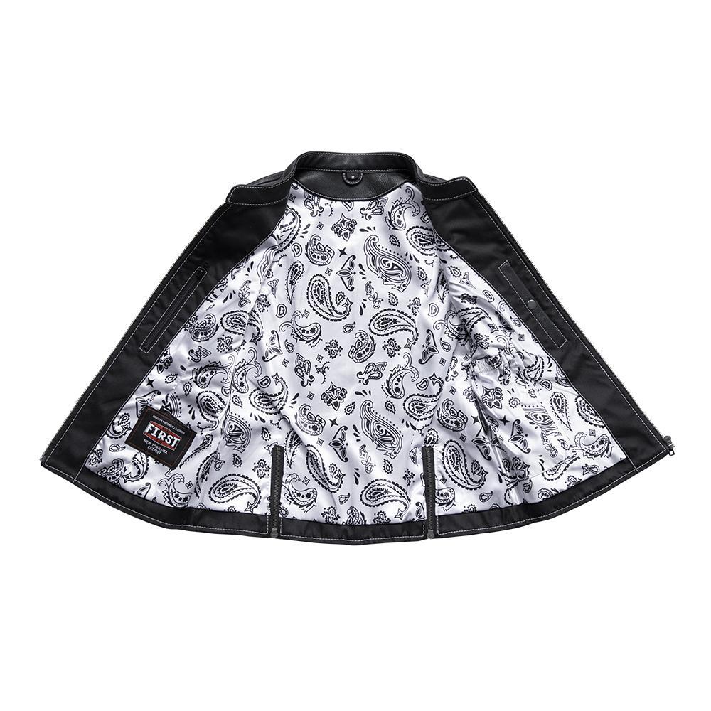 Quinn Women's Club Style Leather Vest in black leather with paisley lining, featuring a center zipper and multiple zippered pockets.