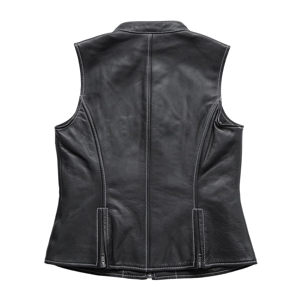 Quinn Women's Club Style Leather Vest in black leather with paisley lining, featuring a center zipper and multiple zippered pockets.